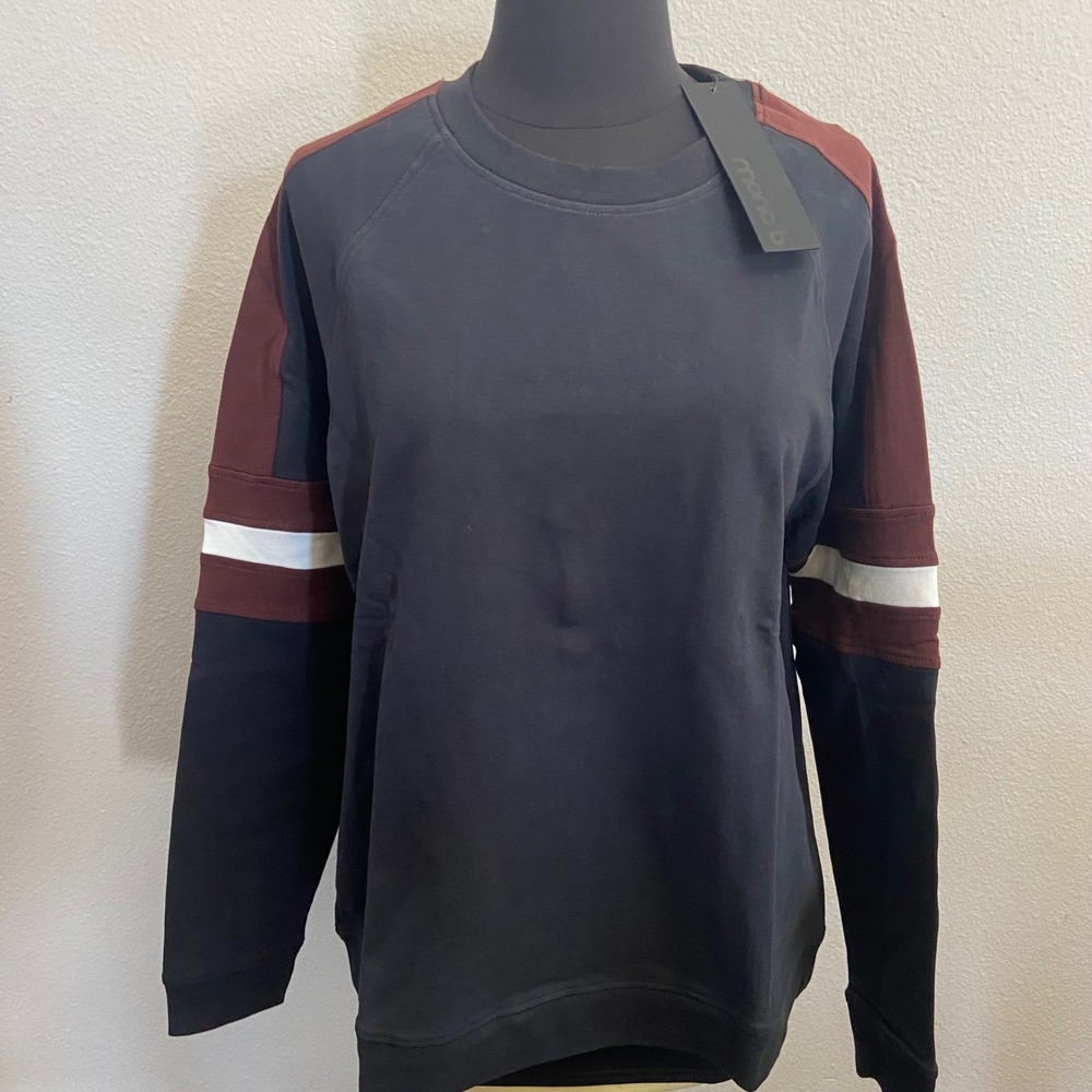 Mono B Womens Crewneck Sweatshirt Small Burgundy Navy Color Block Pullover NEW